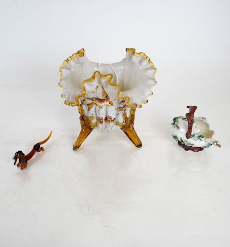 Porcelain Salt Cellar, Glass Bowl, Amber Glass Dog