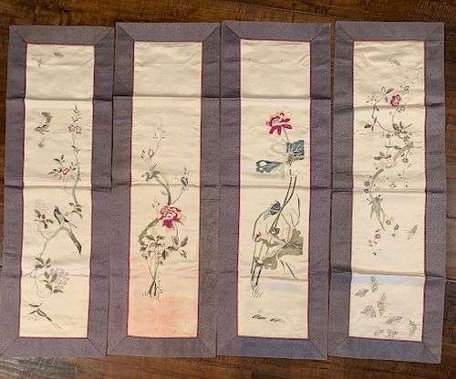 Set of 4 Embroidered Silk Panels, Qing Dynasty