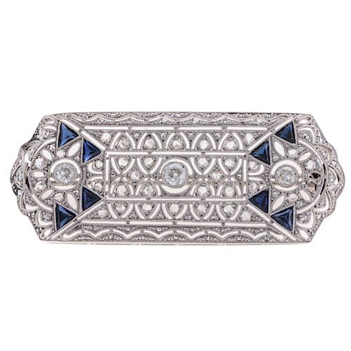 A Filigree Diamond & Sapphire Bar Pin in Platinum