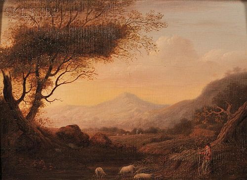 British School, 19th Century    Day's End/Shepherd with Sheep in a Panoramic Landscape