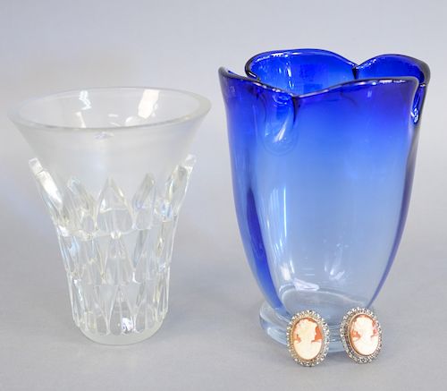 Four piece group to include Lalique frosted vase, vase with pinched rim, and two cameos. Lalique ht. 7 1/4 in., rinched rim ht. 8 1/2 in.