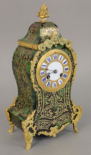 Louis XIV style green Boulle brass inlaid mantle clock with enameled numbers, brass works marked E.White 20 cockspur Street London. ht. 12 1/2 in., wd