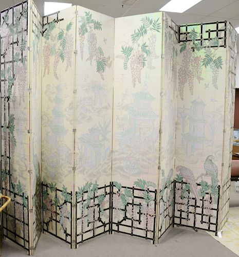 Monumental Chinese folding screen painted courtyard scene. ht. 133 in., 8 panel 30" wide each, total wd. 20 ft.