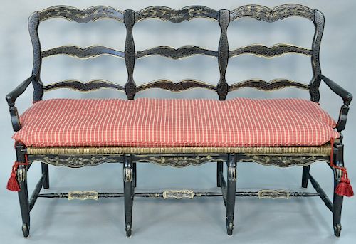 Louis XV style country bench with rush seat and custom cushion. wd. 64 in.