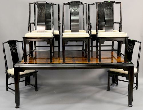 Drexel eleven piece dining set including large table, eight chairs, server and large chinoiserie decorated break front with bevel glass doors, table h