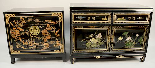 Two chinoiserie decorated server /cabinets. ht. 29 in., 33 in., top: 13" x 30", 19" x 39".