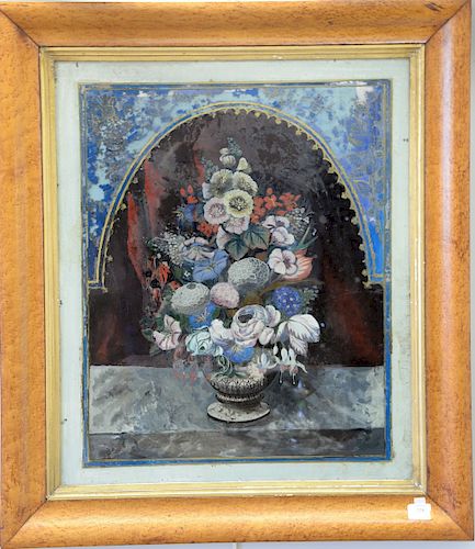 Reverse painting on glass of a urn with flowers in a birds eye maple frame, 31 1/2" x 26". 