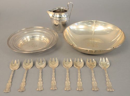 Sterling silver three piece lot to include two bowls, creamer, and 8 dessert forks. 21.5 t oz.