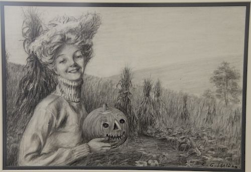 Charles Sheldon (1889-1960), pencil and charcoal on paper, Hold a Pumpkin in Halloween corn field landscape, signed lower right C.G. Sheldon, sight si