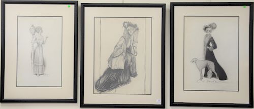 Charles Sheldon (1889-1960), set of three Fashion Illustration charcoal on paper including a woman in a dress with tea cup, 24" x 15"; a girl in a Vic
