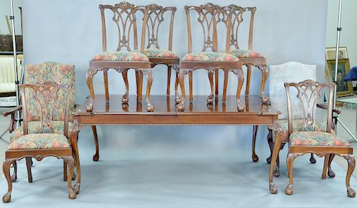 Mahogany nine piece dining set with eight Chippendale style chairs along with Chippendale style dining table having two 24 inch large leaves and custo