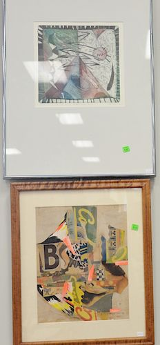 Four framed modern art pieces including Bruce Helander (b. 1947) Be Be Bottom 1986 paper collage 20" x 16", Andy Pete "peyote Leader" watercolor on bo