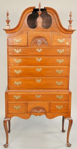 Mayflower Colonial custom mahogany bonnet top highboy in two parts. ht. 77 in., wd. 36 in.