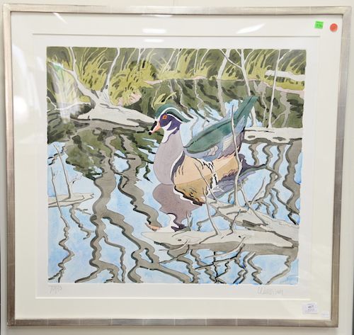 Neil Welliver (American, 1929-2005), Wood Duck, 1984, hand colored etching on paper, signed in graphite lower right and annotated "70/90" lower left, 
