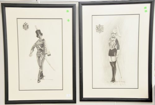 Charles Sheldon (1889-1960), set of three Fashion Illustration Charcoal on paper, each having girl dressed in military outfit with coat of arms top le