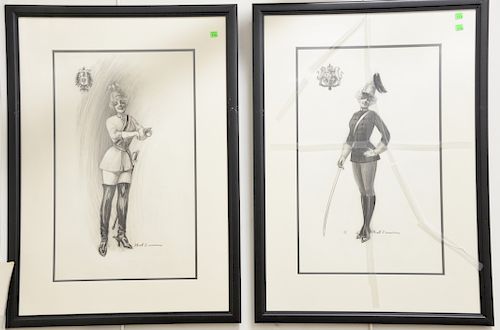 Charles Sheldon (1889-1960), charcoal on paper, set of three Fashion Illustration, each having a girl dressed in military outfit with coat of arms top