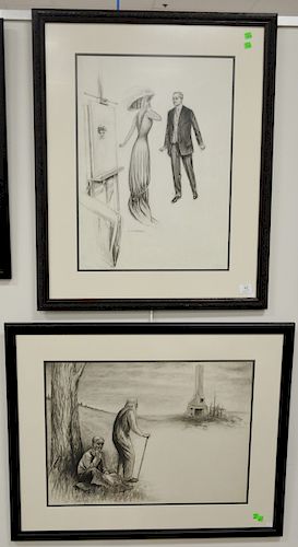 Charles Sheldon (1889-1960), set of three Fashion charcoal and pencil on paper to include painting on easel with two figures, an accident having horse