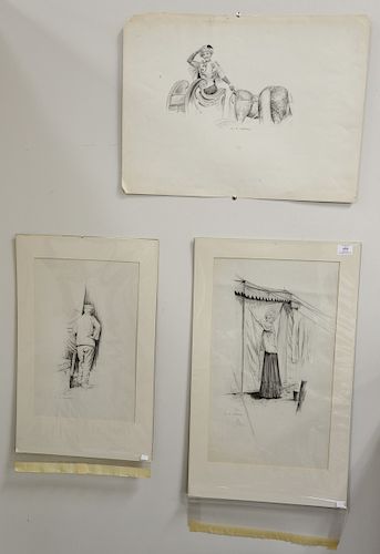 Charles Sheldon (1889-1960), group of three Illustration pencil and charcoal drawings including lady in horse drawn carriage, peaking through tent, an