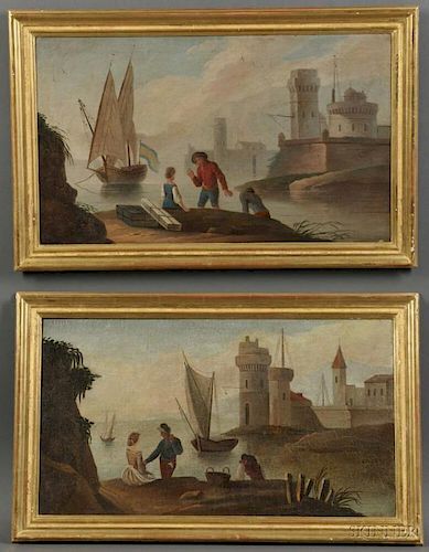 Continental School, 19th Century    Two Works Depicting Travelers in Coastal Towns