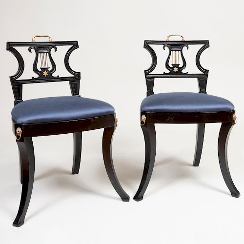 Pair of Regency Style Brass-Mounted and Ebonized Side Chairs