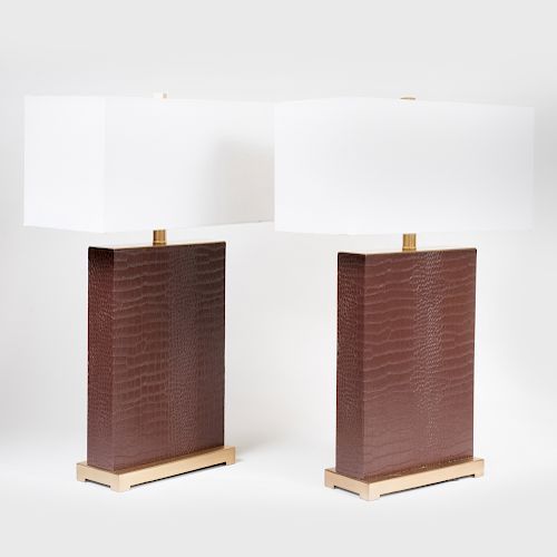 Pair of Safavieh Brass-Mounted 'Faux Crocodile' Embossed Leather Lamps