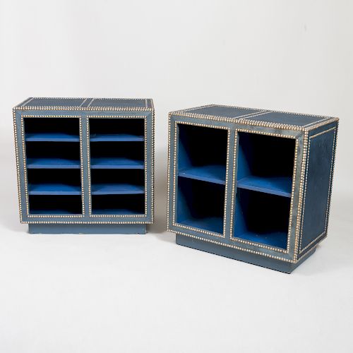 Pair of Studded and Fabric Covered Bookcases, of Recent Manufacture 