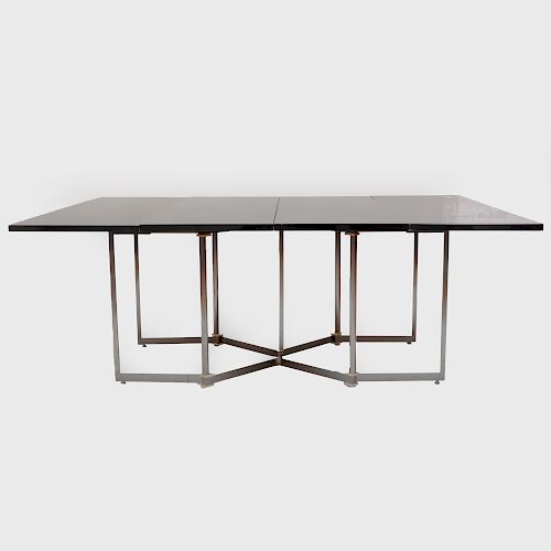 Maison Jansen Parcel-Gilt Brushed-Metal and Lacquer Extension Dining Table