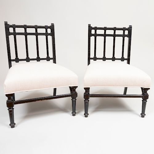 Pair of Aesthetic Movement Ebonized Wood Slipper Chairs