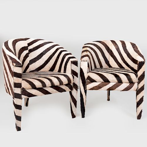 Pair of Zebra Print Calf Skin Tub Chairs