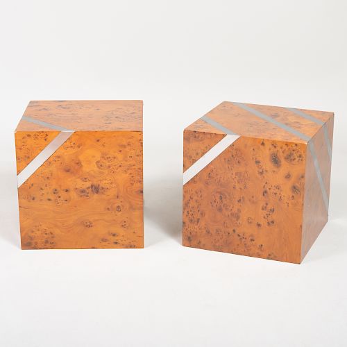 Pair of Modern Olivewood and Nickel Cubes