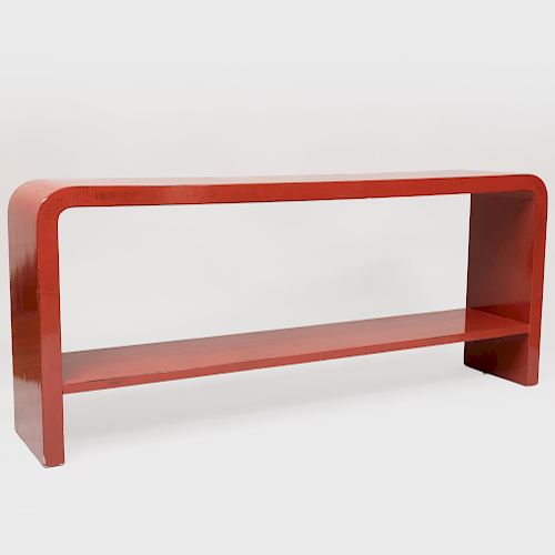 Modern Red Lacquer Console with Waterfall Edge