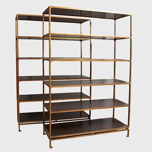 Pair of Brass and Leather Six-Tier Bookcases, in the Manner of Billy Haines