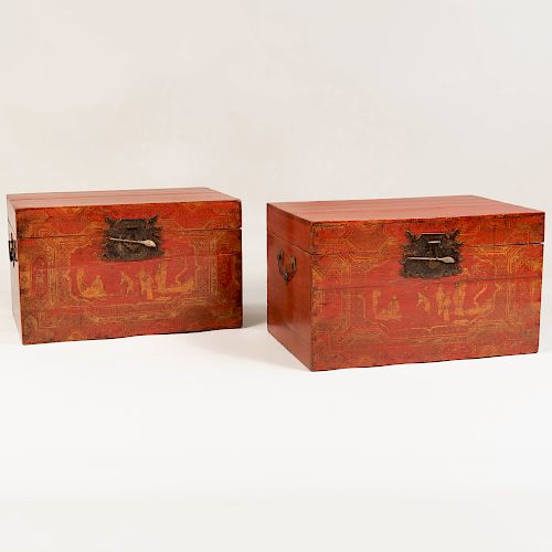 Pair of Chinese Metal-Mounted Painted and Parcel-Gilt Trunks