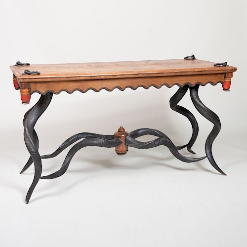 Indian Hardwood and Painted Table Mounted with Antlers