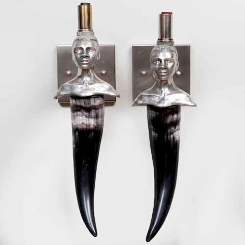 Pair of  South African Metal-Mounted Horn Figural Sconces