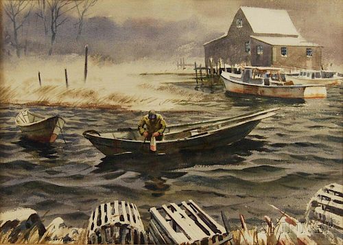 MacIvor Reddie (American, 1864-1931)      Lobsterman Tending a Buoy in Winter.