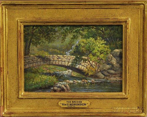 William T. Robinson (American, 1852-1934)      Wooded Landscape with Stone Bridge and Stream.
