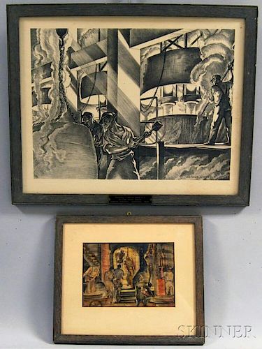 Attributed to Arthur Sinclair Covey (American, 1877-1960)      Two Framed Works: Factory Interior