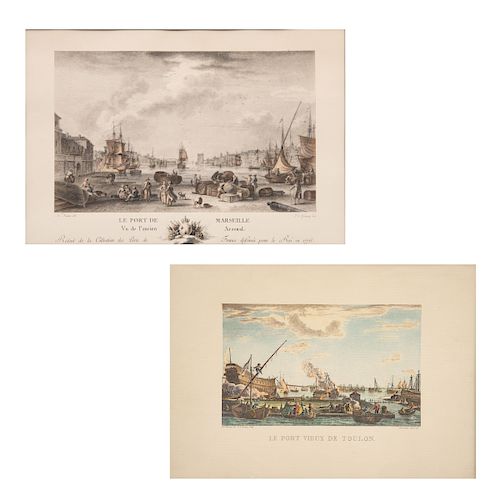 Lote de obra gráfica. Vistas de puertos. Francia, siglo XIX. Litografías coloreadas y enmarcadas. Piezas: 2