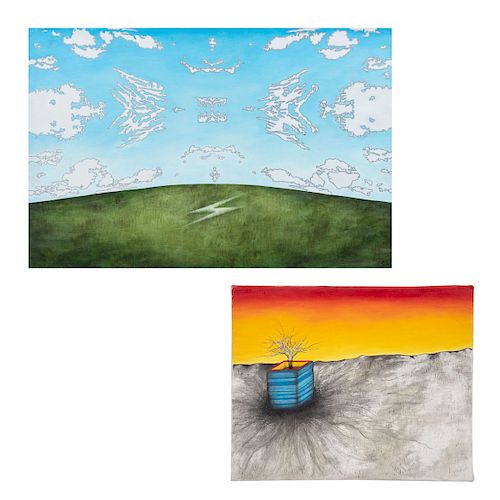 ALEX BOLIO (Ciudad de México, 1974 - ) Paisaje "Cielo azul y pasto"; y árbol seco, atardecer sobre fondo gris. Enmarcados. PZ: 2