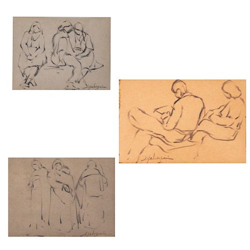 Luis Sahagún Siglo XX. Bocetos. Carbón sobre papel. Firmadas. Enmarcadas. Piezas: 3