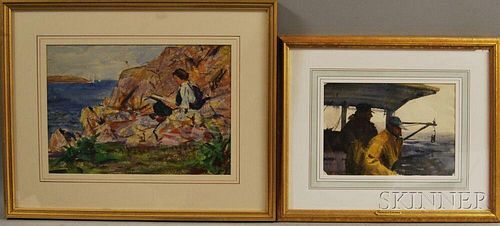 Two Framed Watercolors:      Don Stone (American, b. 1929), Fishermen at Sea