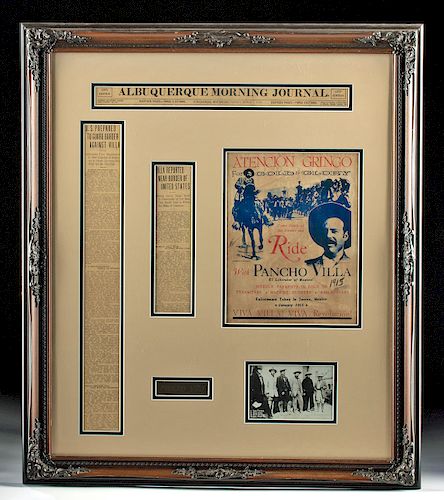 Framed Early 20th C. Pancho Villa News Articles