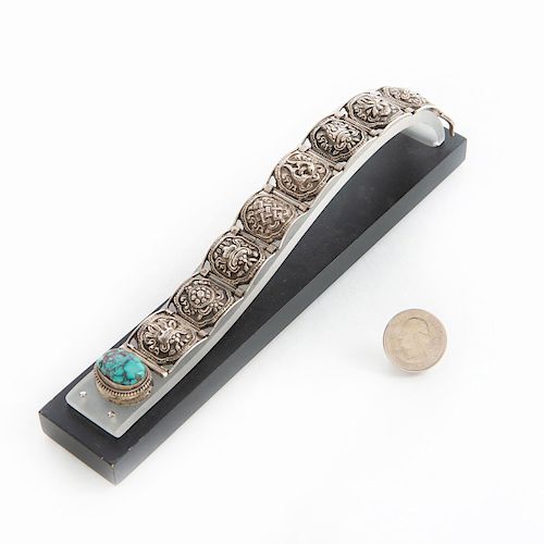 SILVER REPOUSSE LINK BRACELET WITH INSET TURQUOISE