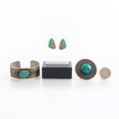 TURQUOISE INSET JEWELRY; CUFF, RING, EARRINGS