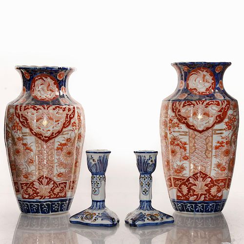 4 19TH CENTURY FRENCH PORCELAIN VASES, CANDLE HOLDERS