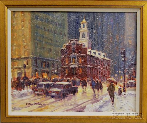 William J. Maloney (American, b. 1932)      Snow at Dusk, Old State House, Boston.