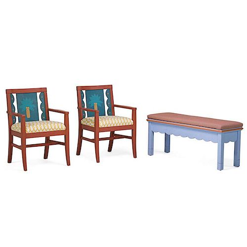MICHAEL GRAVES; DREXEL Bench and pair of armchairs