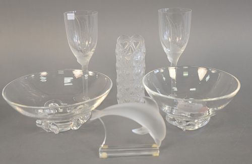Six piece crystal group to include pair of Lalique crystal stems with frosted winged angels in fitted box, two Steuben bowls, Lalique crystal dolphin,