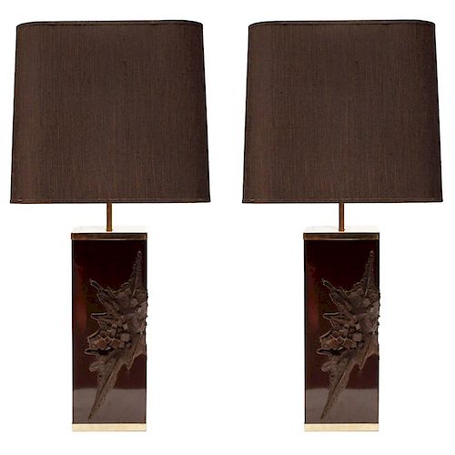 Pair of Large Philippe Cheverny Cast Resin Lamps with Shades, 1970s